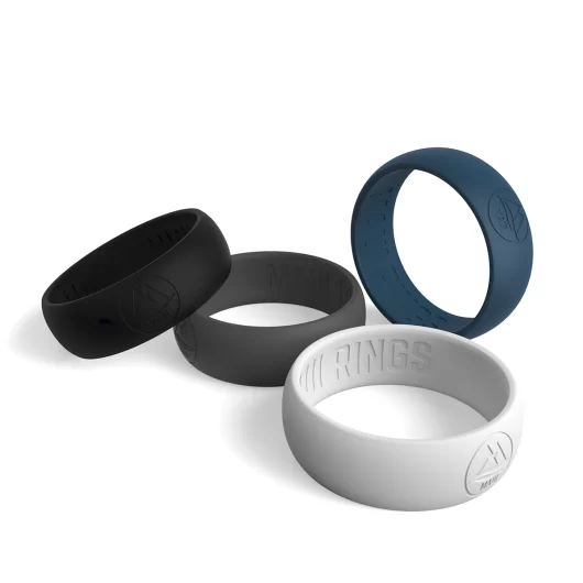 Details of adventure silicone ring men classic set of 4 rings for men color black, grey, blue, light grey.