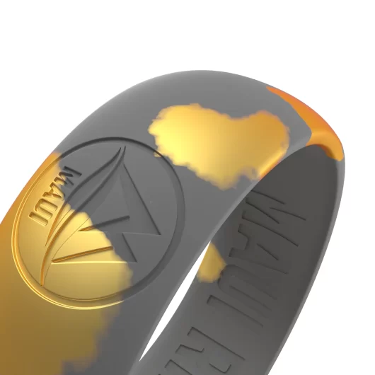 Maui rings details of contemporary grey and gold marble color silicone ring for sophisticated and refined events.