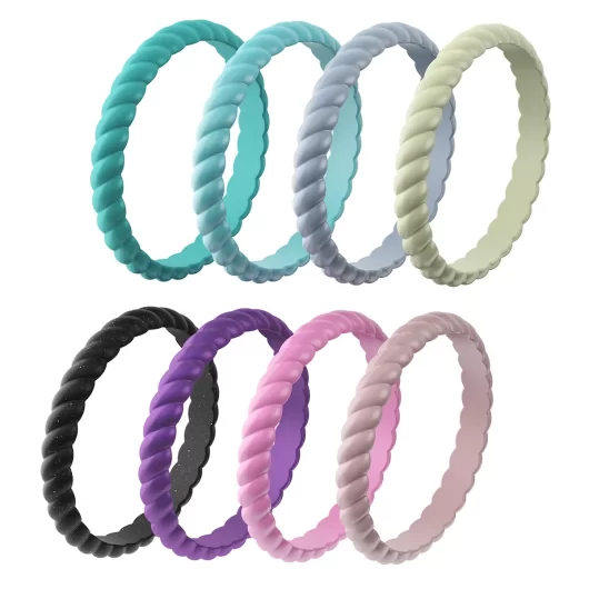 Braided stackable silicone ring women magic set of 8 rings green, blue, sky, yellow, pink, violet, black.