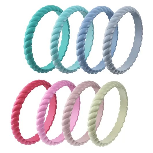 Braided stackable silicone ring women pastel set of 8 rings green, blue, sky, grey, yellow, pink, red.
