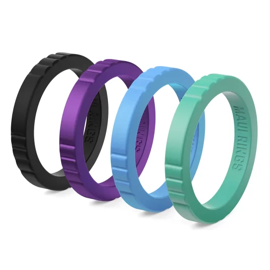 Elegant stackable silicone ring women galaxy set of 4 comfortable, thin mix and match black, purple, blue, green.