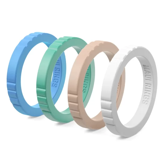 Elegant stackable silicone ring women lagoon set of 4 comfortable, thin mix and match blue, green, champagne, white.